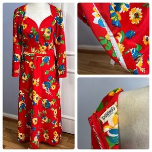 50s/60s‎ Vintage Doring's Dress Sweetheart Neck Long Sleeves Red Floral Medium